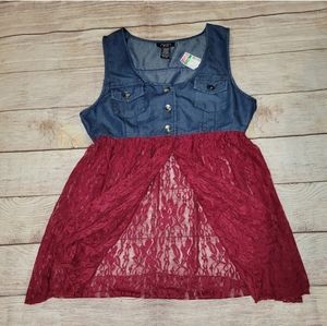Deb boho western chambray vest floral wine red lace top